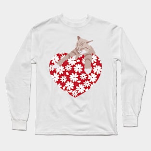 I Love Cats red heart with daisy flowers Long Sleeve T-Shirt